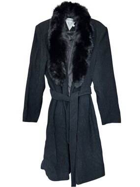 Vintage Marvin Richards Black Wool Fox Fur Collar Wrap Coat Sz 14